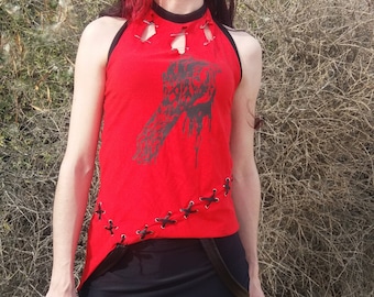 BittenSTC Women Womens Fallout Post Apocalyptic Alternative Red Zombie Hand Cotton T Shirt t-shirt Print Summer Clothing Unique Distressed
