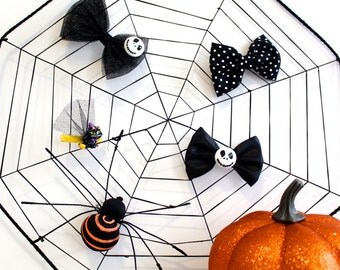 Halloween Hair Bow Headband or Clip - Black Polka Dot - Satin - Glitter Tulle - Jack Skeleton - Black Witch Kitty Cat