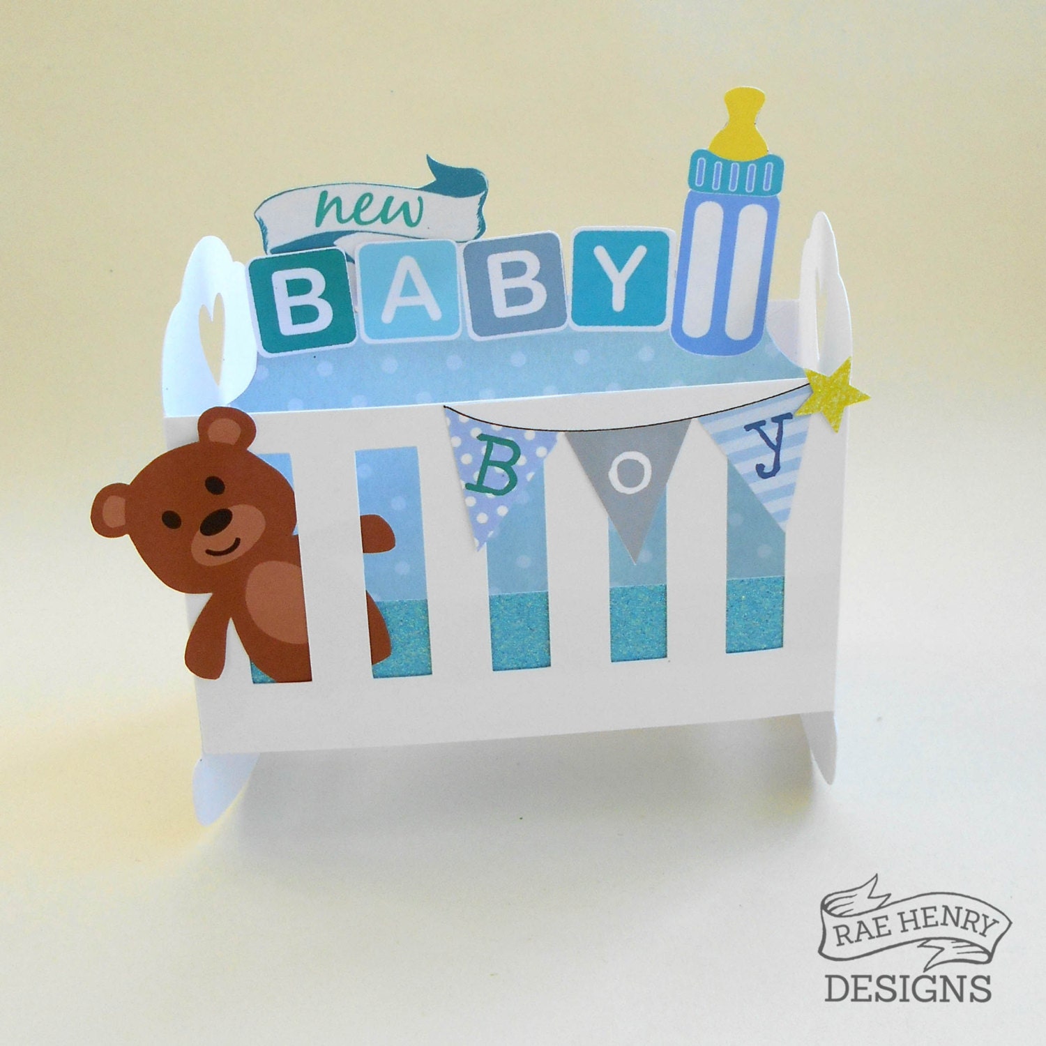 Pop Up New Baby Boy Card 3D Rocking Cot Crib Handmade Blue
