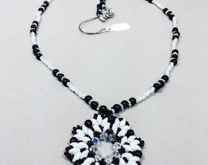 Super duo necklace, black and white necklace, beaded necklace, handmade necklace