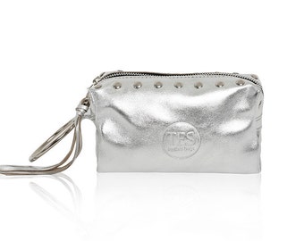 Studded Wristlet , Silver Leather Pouch with Metal Ring Holder, Leather Clutch, Zipper Clutch