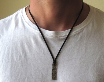Mens Bar Necklace , Mens Leather Necklace , Men Bar Pendant , Mens Silver Necklace , Mens Necklace , Mens Geometric Jewelry ,
