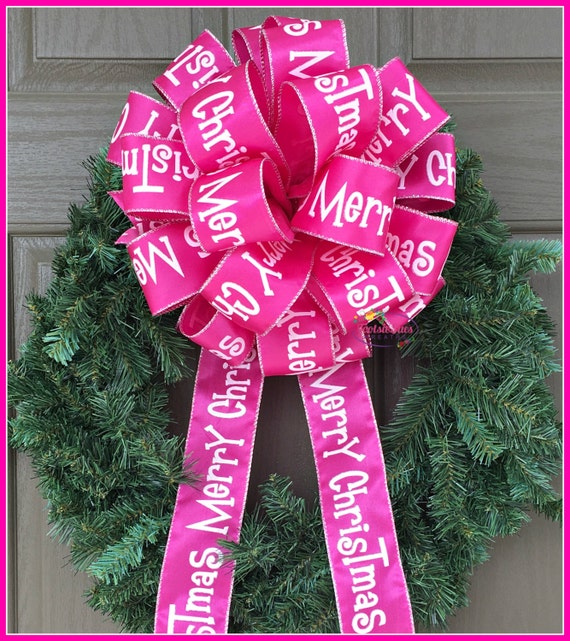 Merry Christmas Pink Bow Tree Topper