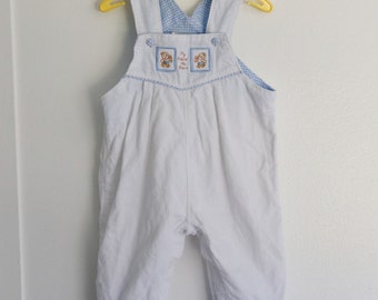 3-6 months: Teddy Bear Baby Romper, White Corduroy with Teddy Bear Embroidery and Blue Gingham Accents