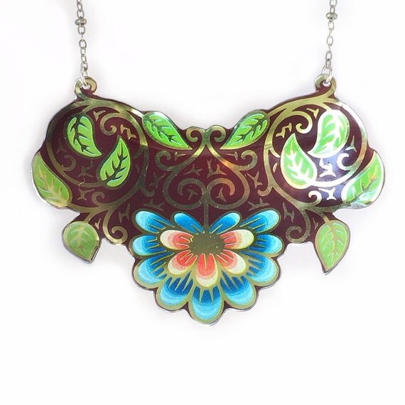 Bib statement necklace vintage tin can jewelry blue flower