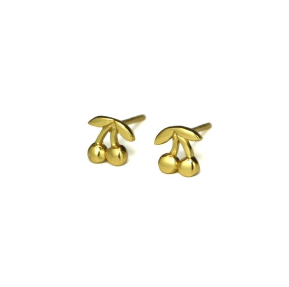 Gold Cherry Stud Earrings Gold Cherries Fruit Jewelry by Evyral