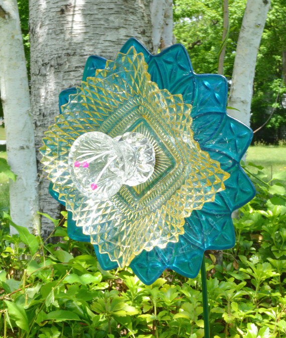 Teal Garden Art Glass Decor Yard Art Outdoor by NiftyBitsGallery
