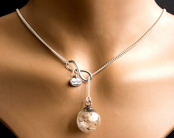Tiny Real dandelion Necklace, infinity dandelion Jewelry,Glass Globe Pendant, blown globe, Lariat necklace, Gift, vial ball, Dried dandelion