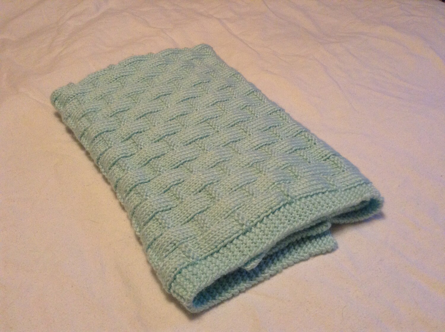 Knitted Baby Blanket/Soft Mint Green Hand Knit Baby