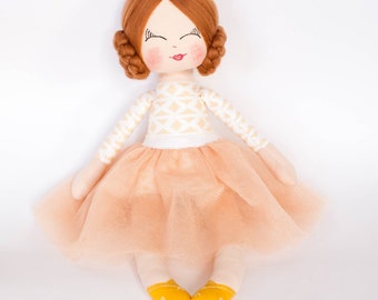 Princess doll, fabric doll, cloth doll, rag doll, light brown hair, golden crown, gold tutu, birthday gift, girl gift, nursery decor