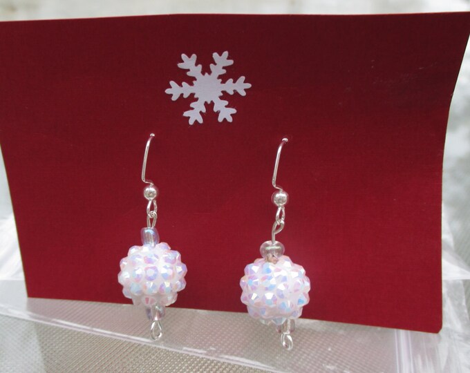 Snowball earrings-winter jewelry-sparkly dangles-sugar earrings-clip on earrings-sterling silver earrings-gifts for her-pink sparkly jewelry