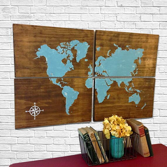Large Wooden World Map Aqua Rustic World Map by AlchemyHomeDecor