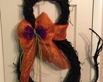 Halloween wreath, SALE!!! grapevine wreath, cat wreath, unique wreath, black orange deco mesh purple lime green REadY to Ship!!
