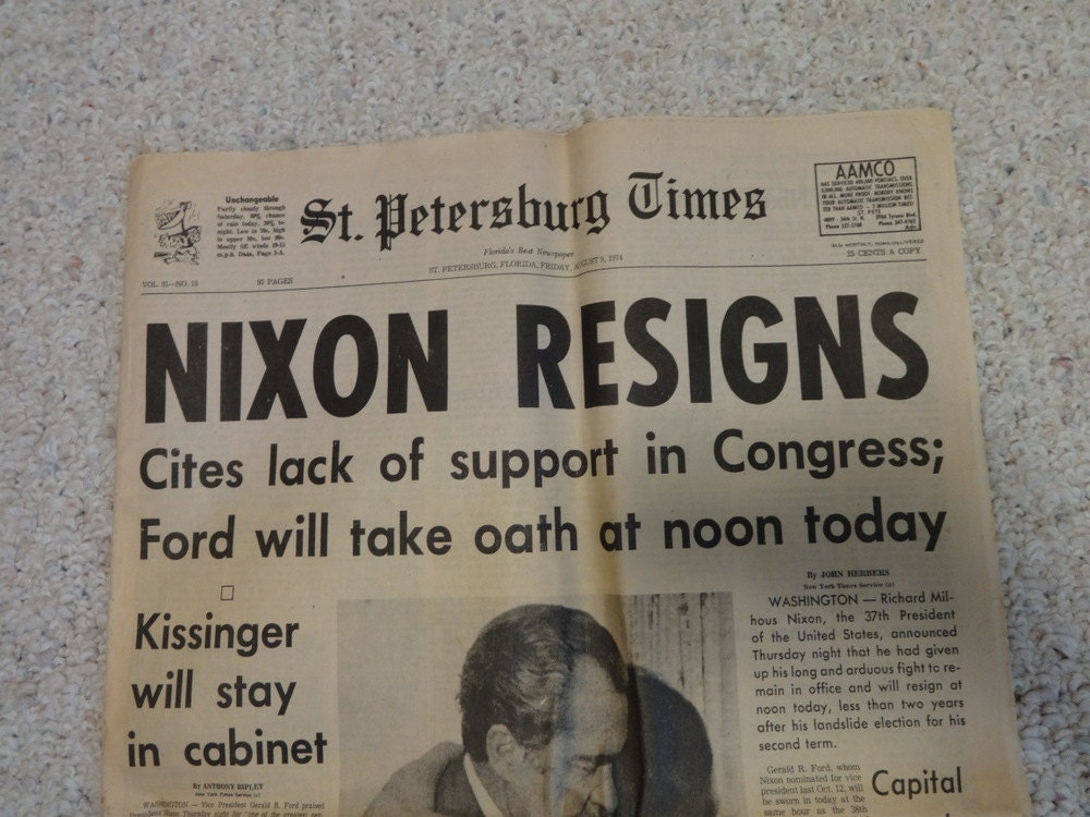 Nixon Resigns Original St. Petersburg Times Florida Newspaper