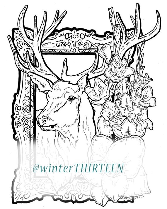 Printable Digital Download Stag & Gladiolus Coloring Page