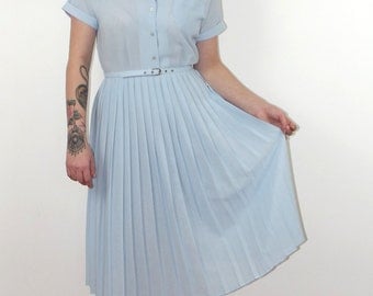 Vintage 1980s pale blue pleated midi tea dress from St Michaels, day dress, summer dress, UK size 10/12
