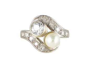 Edwardian Engagement Ring, 0.50ct Diamond Pearl Ring, 15ct Yellow And White Gold, Toi Et Moi Ring, Antique Engagement Ring