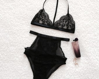 Airy black lingerie set - soft bra and high-waisted panties, handmade lingerie
