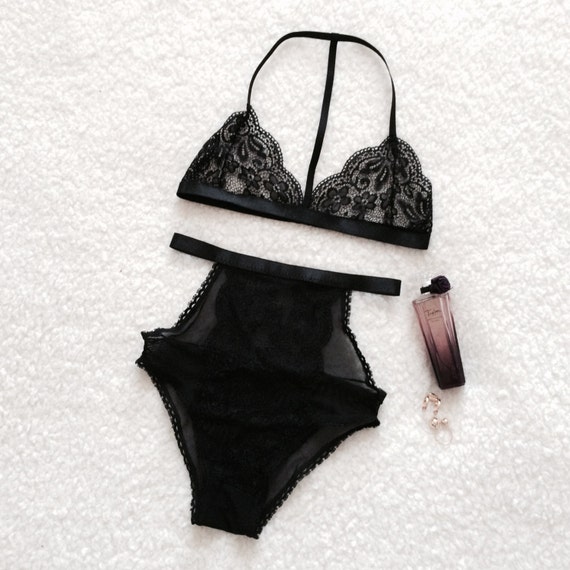 Airy black lingerie set - soft bra and high-waisted panties, handmade lingerie