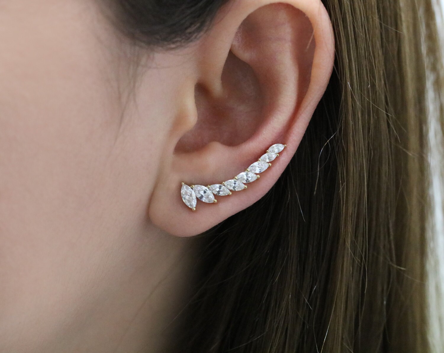 Crystal Ear Climber Earring Long Crystal leaf Ear Crawler