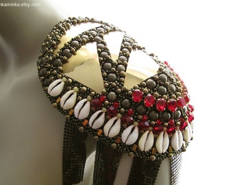 Brass Cowrie Epaulet Statement Epaulet Shoulder Jewelry Brass Armor Bead Embroidered Epaulet Red Swarovski Epaulet Kauri Shell Epaulet