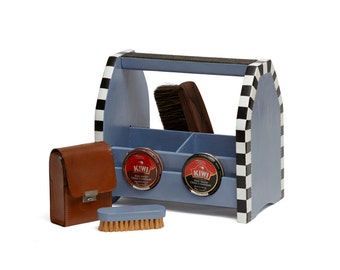 Shoe Shine Box, Wooden Caddy, TV Remote Storage, Gift for Men, Gift for Father, Blue, Gray, Black and White Checkered, Vintage