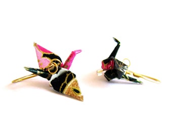 Origami Crane Earrings Fuchsia and Black
