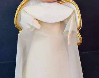 Vintage Angel Christmas Tree Topper White Gold Tulle Felt Plastic Cardboard Made in Japan 1950's