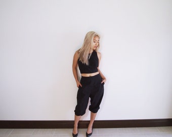 loose grunge parachute harem pants capris black cotton