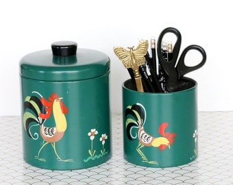 Vintage Set of Green Tin Ransburg Containers Hand Painted with Rooster and Flowers, Ransburg Genuine Hand Painted Indianapolis Made in USA