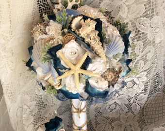 Beach Wedding Bouquet Beach Wedding Flowers Blue/White Beach Flower Bouquet-Beach Flowers-Nautical Seashell Wedding-Beach Bridal Flowers