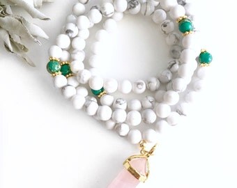 Howlite Mala, Healing Mala, Mala Necklace, White Mala, Bohemian Necklace, Pink Quartz mala, Mala Beads, 108 Mala Beads, Yoga Necklace, MHGJ