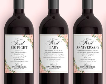 Wedding Milestone Wine Labels, Unique Wedding Gift, Floral Bridal Shower Wine Basket, Engagement Gift for the Bride and Groom, Wine Poems