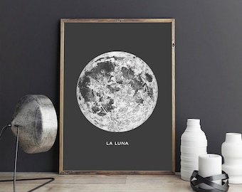 Full Moon Poster - PRINTABLE FILE. La Luna Moon Poster. Lunar Moon Print. Vintage Luna Print. Solar System Art. Celestial Dorm Room Art.