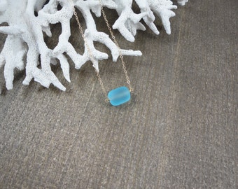 14k gold filled sterling silver blue sea glass bead necklace / bridesmaid necklace / dainty necklace / minimalist necklace / statement