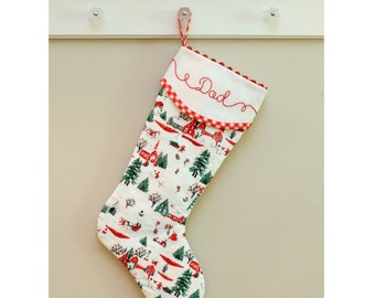 Christmas Stocking, Quilted Christmas Stocking, White Christmas Stocking, Red Gingham, Monogrammed Christmas Stocking 21"