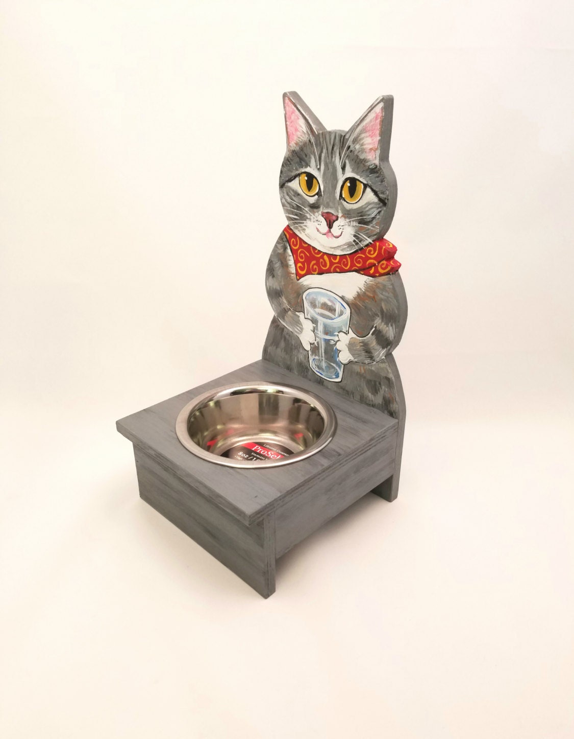 TABBY CAT FEEDER Water or Food Bowl Holder by KittyCatArtStudio