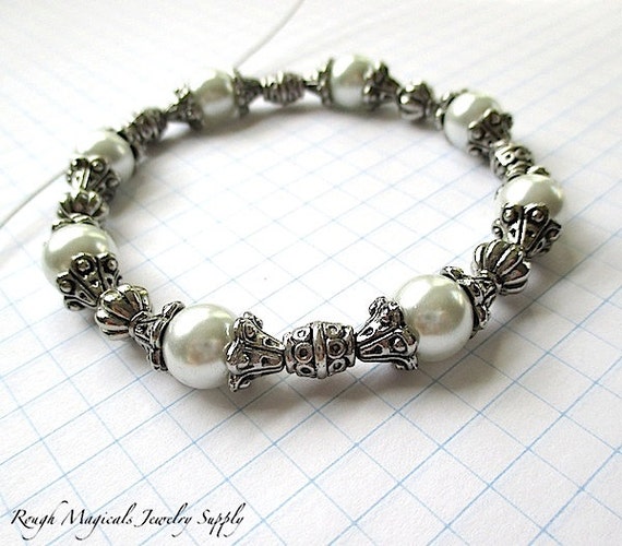DIY Bracelet Kit. White Pearls and Silver Metal Beads and