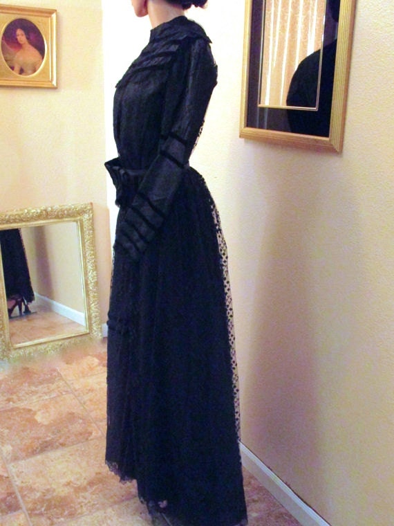 Antique Victorian Black Mourning Dress 1890s Black Satin