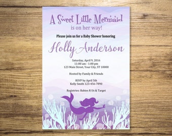 Purple Mermaid Baby Shower Invitation, Printable Mermaid Under The Sea Baby Shower Invitations, Purple, Pink and Turquoise Invitation