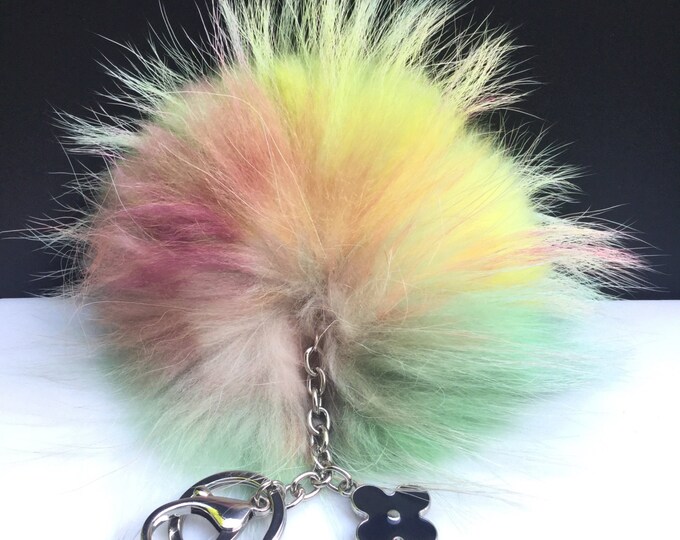 NEW Tropical Swirl™ Multi Color Raccoon Fur Pom Pom bag charm clover flower charm keychain piece no.317