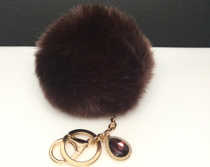 NEW! Faux Rabbit Fur Pom Pom bag Keyring keychain artificial fur puff ball in Brown Crystals Collection