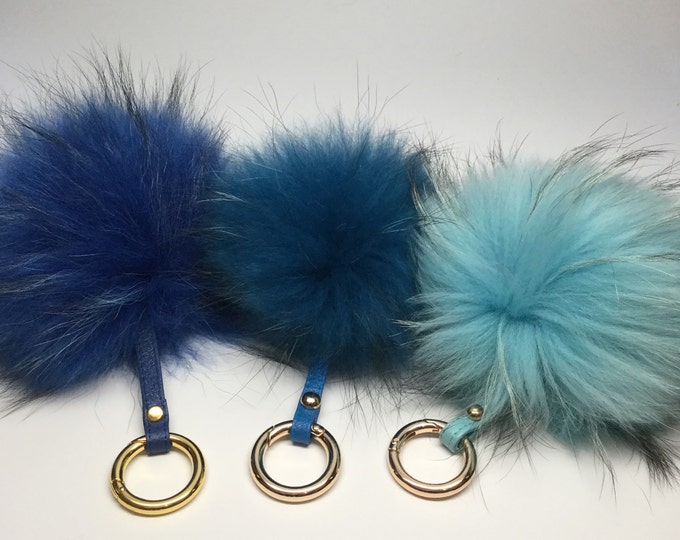 Pom-pom bag charm, fur pom pon keychain purse pendant in ocean blue