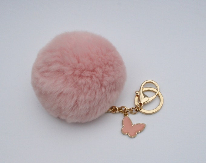 Butterfly Collection Pale Pink fur pom pom keychain REX Rabbit fur pom pom ball with butterfly charm