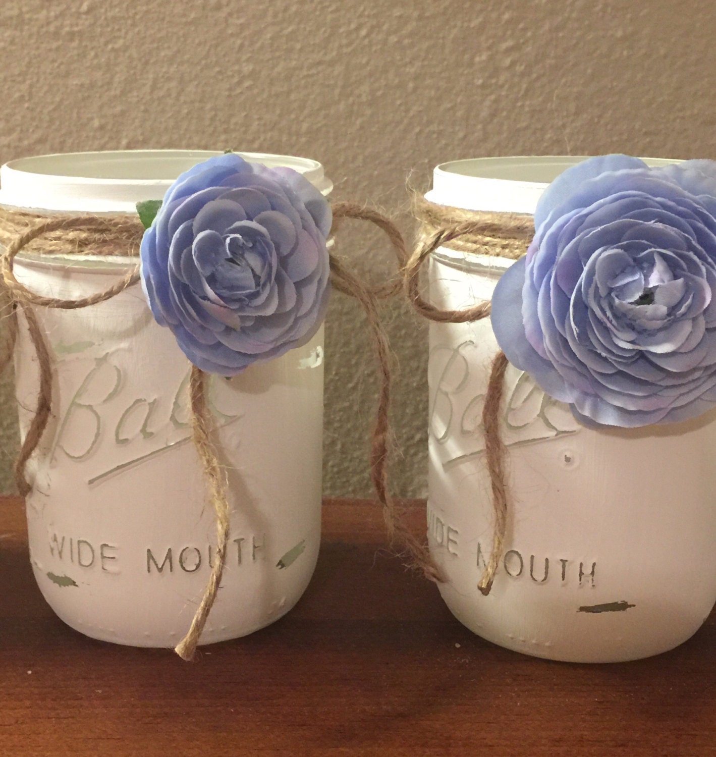 Set of 3 Painted mason jars Blue Centerpieces Rustic Table