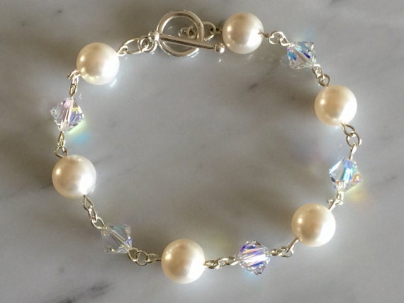 Crystal AB & White Pearl Sterling Bracelet
