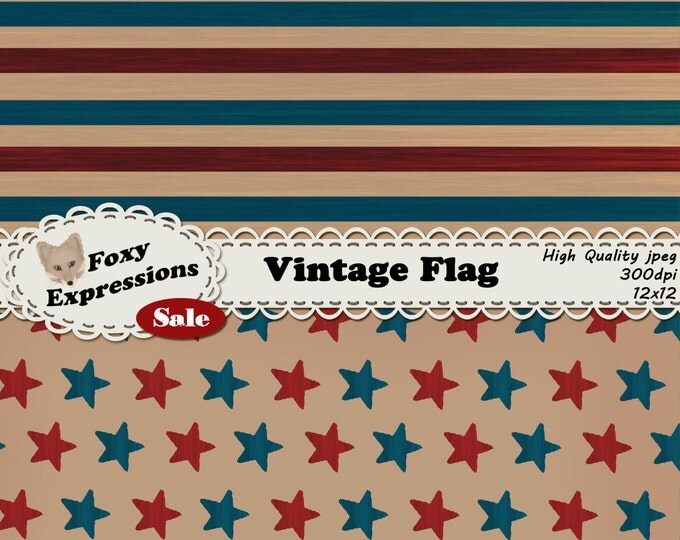 Vintage Flag Digital Paper in worn down reds, whites, and blues. Designs include faded stars and stripes. For personal or commercial use.
