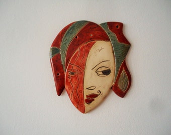 Eccentric ceramic mask wall art. Ceramic wall art. Day and night. Wall sculpture. Morning is wiser than night. Wall hanging, wall decor.