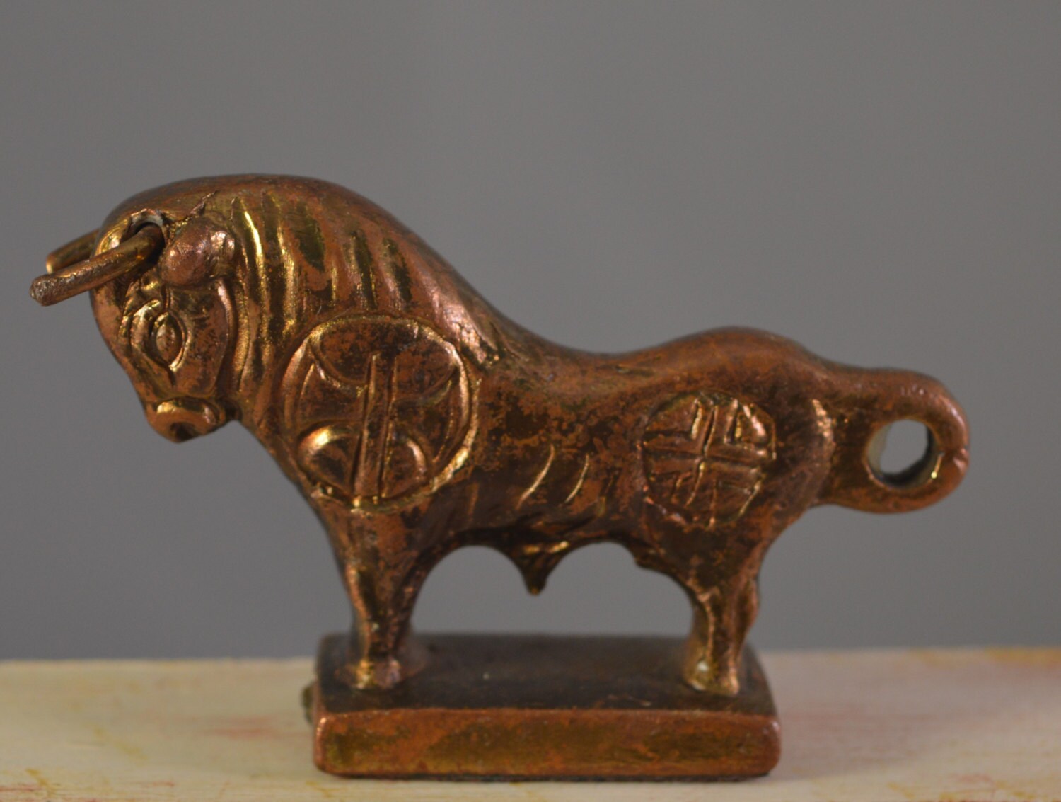 Vintage solid brass bull 2ax crosssymbols miniature