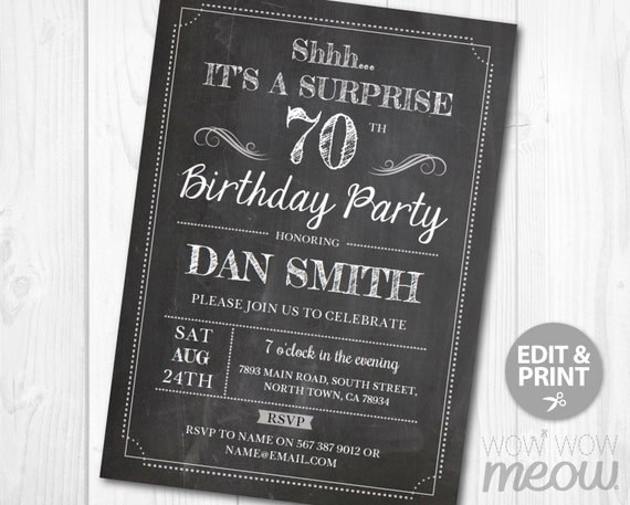 Surprise 70th Birthday Invitations SEVENTY Invite Chalk Party